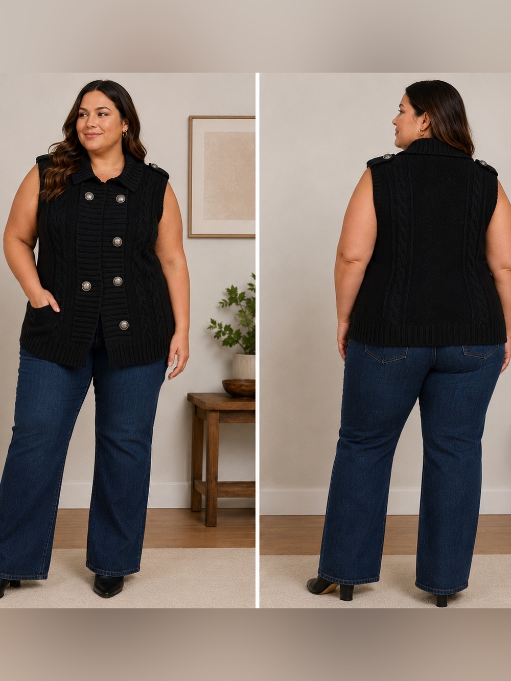 Style & Co 2X Black Chunky Knit Sweater Vest Cardigan Military Buttons